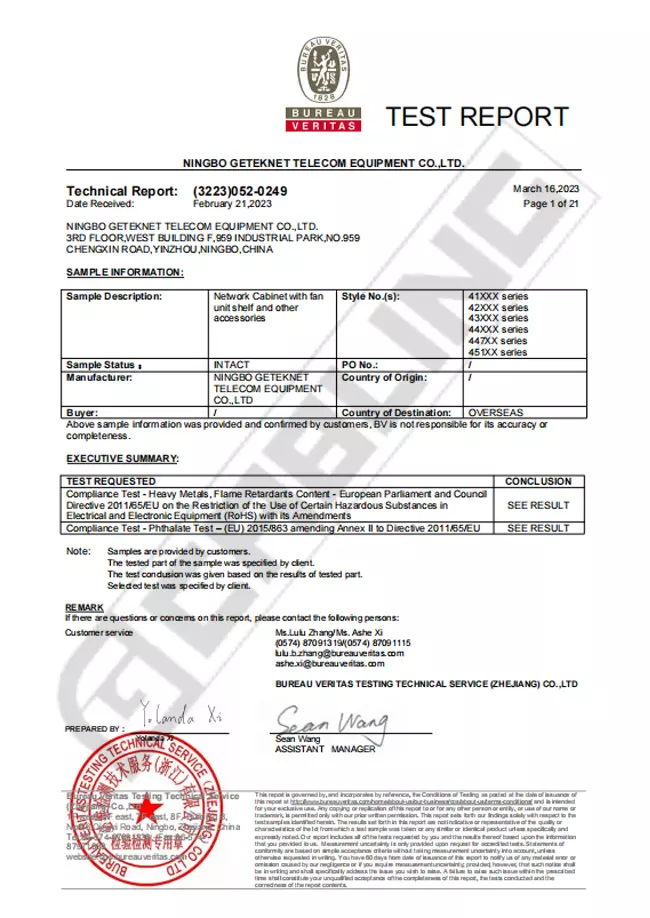 Network Cabinet Test Report-BV Network Cabinet Test Report-BV