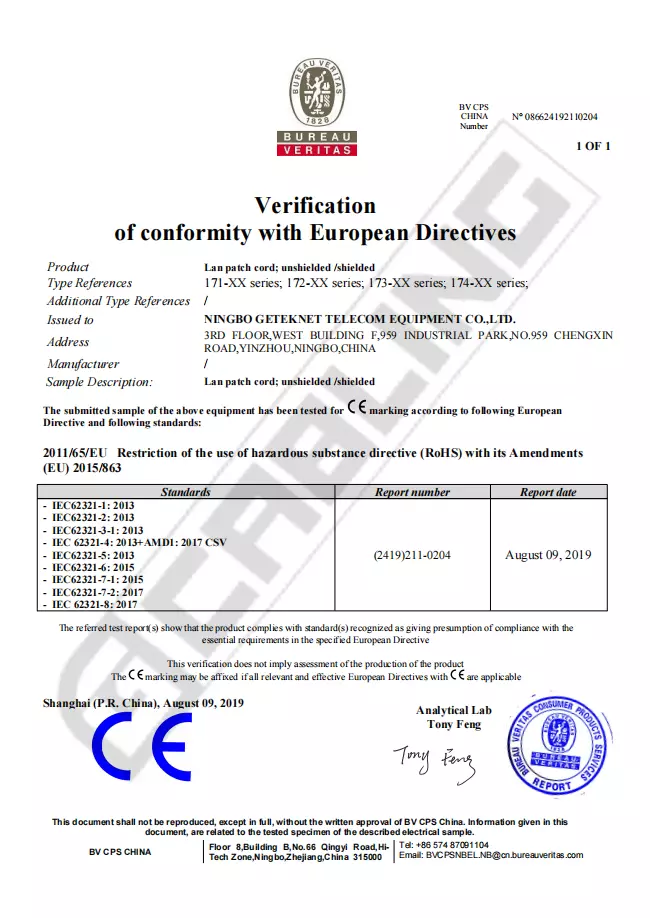 Patch Cord Certificate-CE Patch Cord Certificate-CE