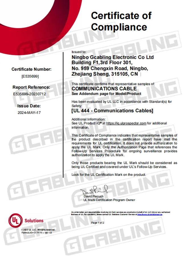 certificate UL lan cable E535699 certificate UL lan cable